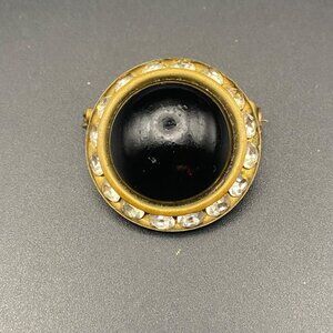 Vintage Gold-Tone Brooch Domed Black Glass Cabochon Rhinestones Brass MCM